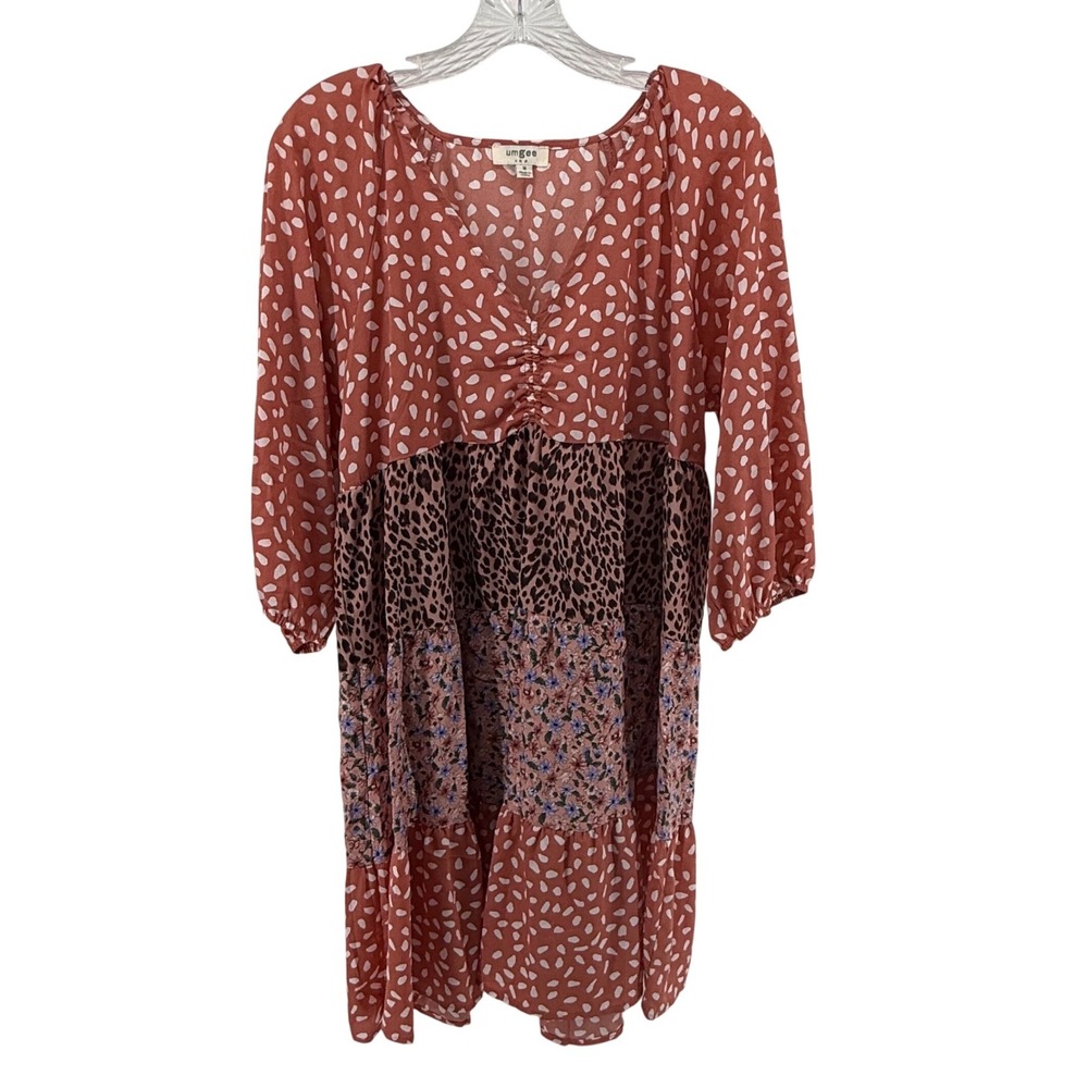 Umgee USA Mixed Print Tiered Babydoll Dress Pink Leopard Floral V-Neck Medium
